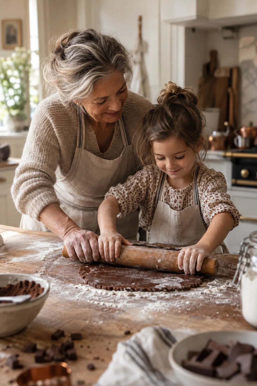 Une grand-mère partageant son savoir-faire en cuisine avec une enfant